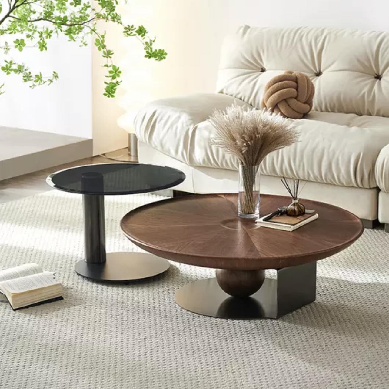 Wood & Steel Sphere Base Nested Round Coffee Table