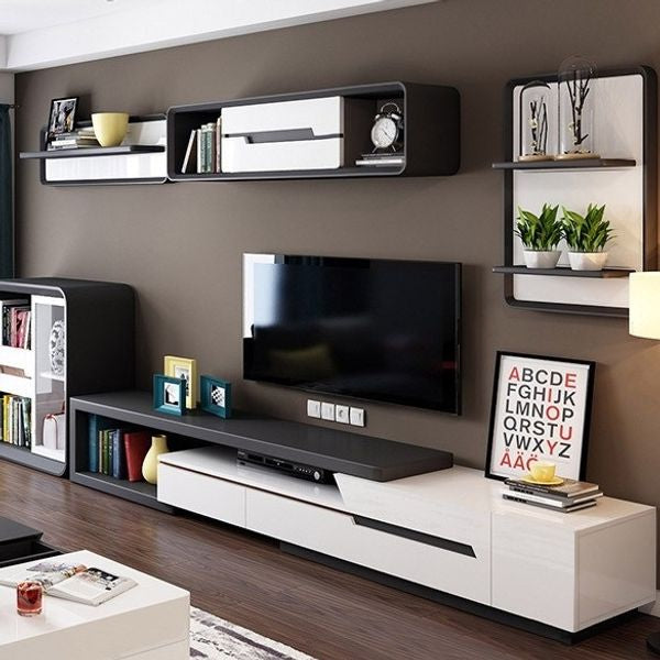 Modern Extendable TV Stand Entertainment Cabinet With Storage White&Black TV Stand With Bookshelf & Drawer