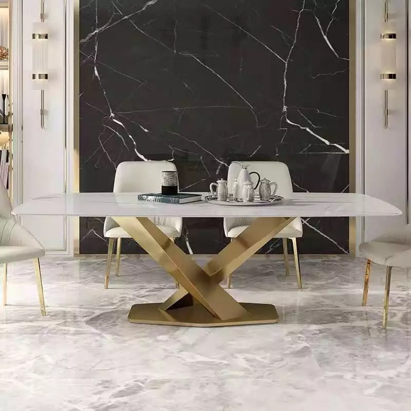 Modern Luxury Gold X Base Marble Top Dining Table