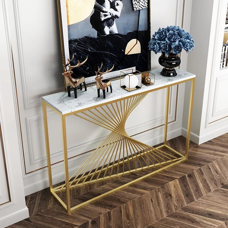 Modern Luxury Twisted Gold Base Console Table White/Black Marble Top