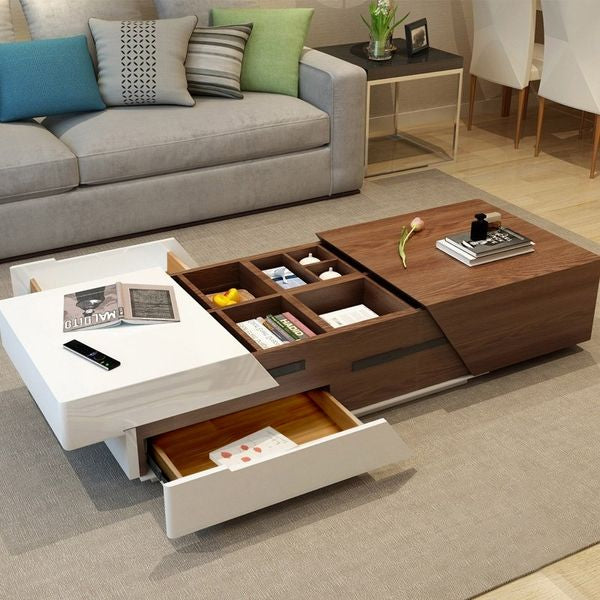 Modern Chic 51" Extendable Coffee Table With Storage Sliding Top Coffee Table Manufactured Wood In White & Walnut