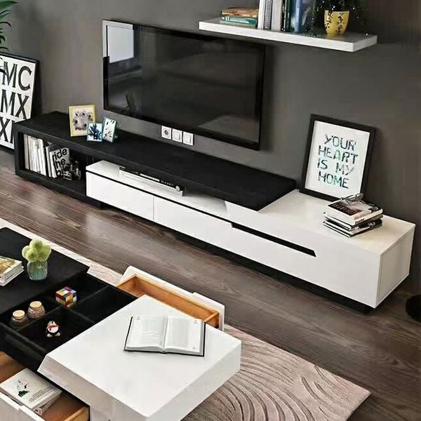 Modern Extendable TV Stand Entertainment Cabinet With Storage White&Black TV Stand With Bookshelf & Drawer