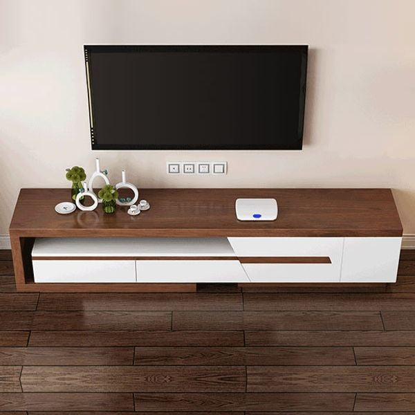Modern Extendable TV Stand Entertainment Cabinet With Storage White&Walnut TV Stand With Bookshelf & Drawer