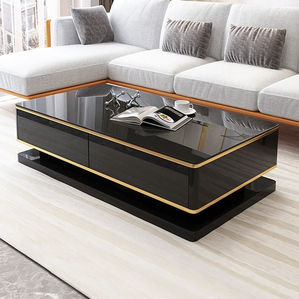 51" Black Rectangular Coffee Table With Storage 4 Drawers Tempered Glass Top
