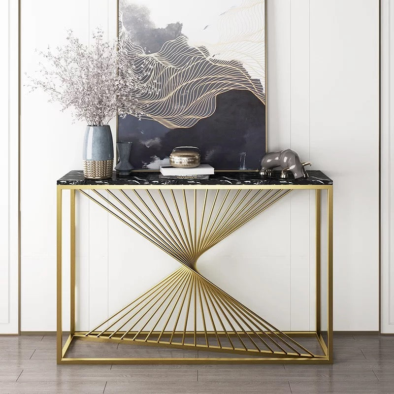 Modern Luxury Twisted Gold Base Console Table White/Black Marble Top