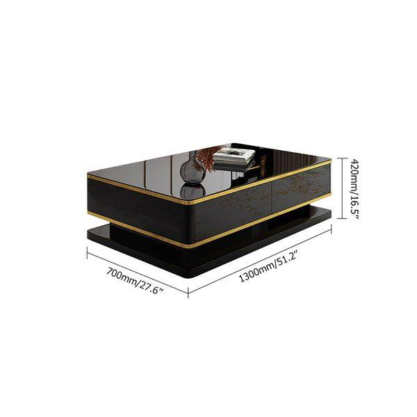51" Black Rectangular Coffee Table With Storage 4 Drawers Tempered Glass Top