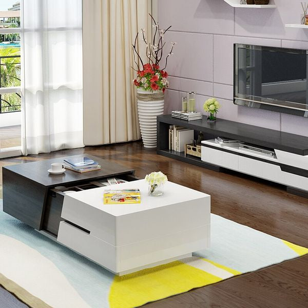Modern Chic 51" Extendable Coffee Table With Storage Sliding Top Coffee Table Manufactured Wood In White & Black