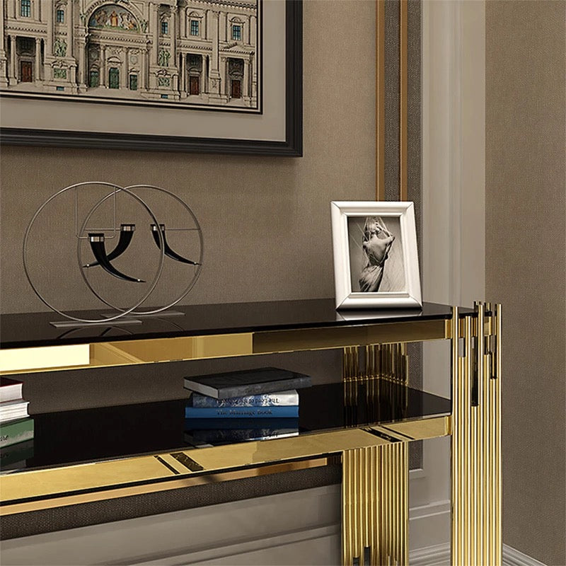 Modern Luxury Stripy Gold Base Marble Top Console