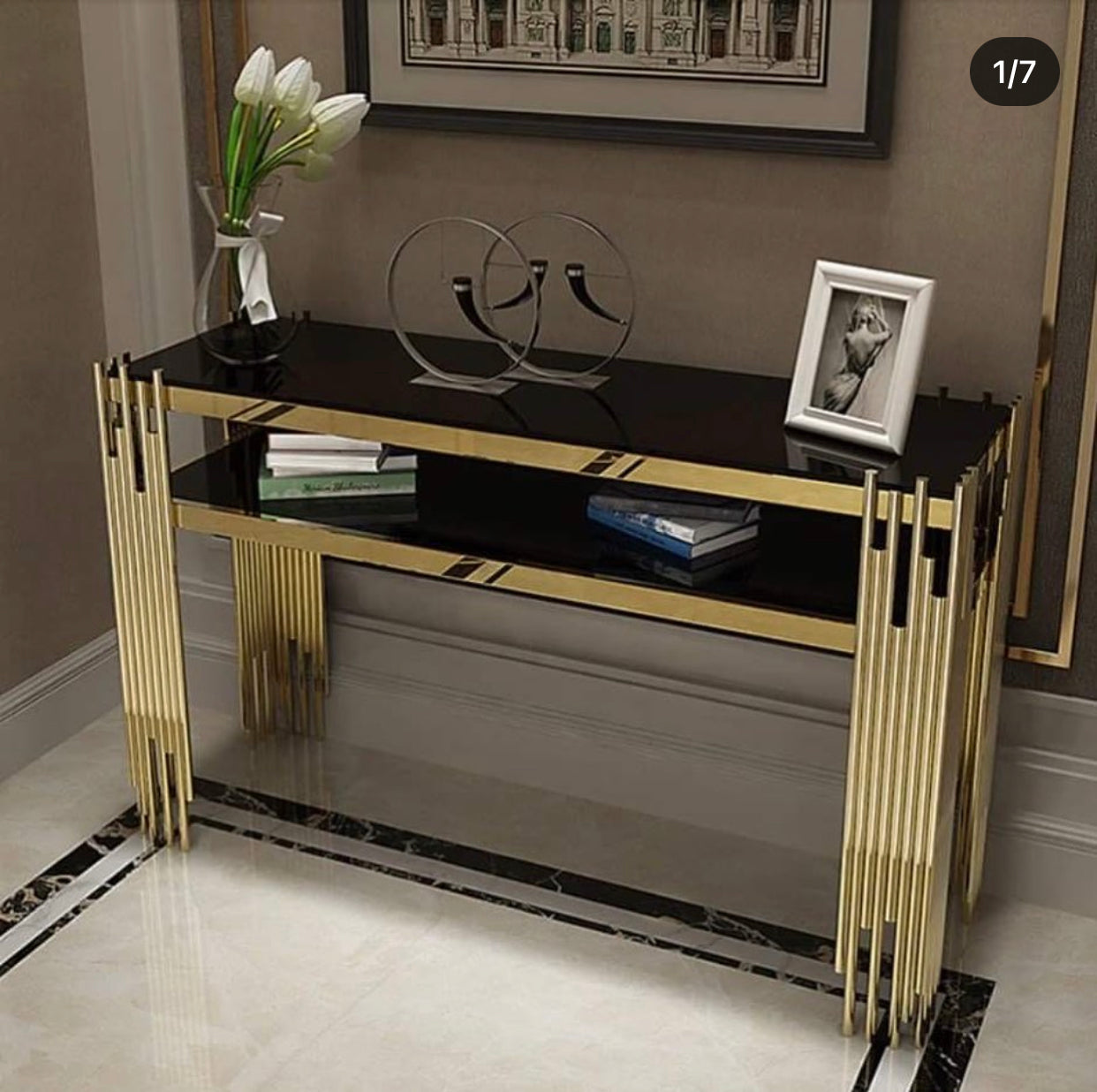 Modern Luxury Stripy Gold Base Marble Top Console