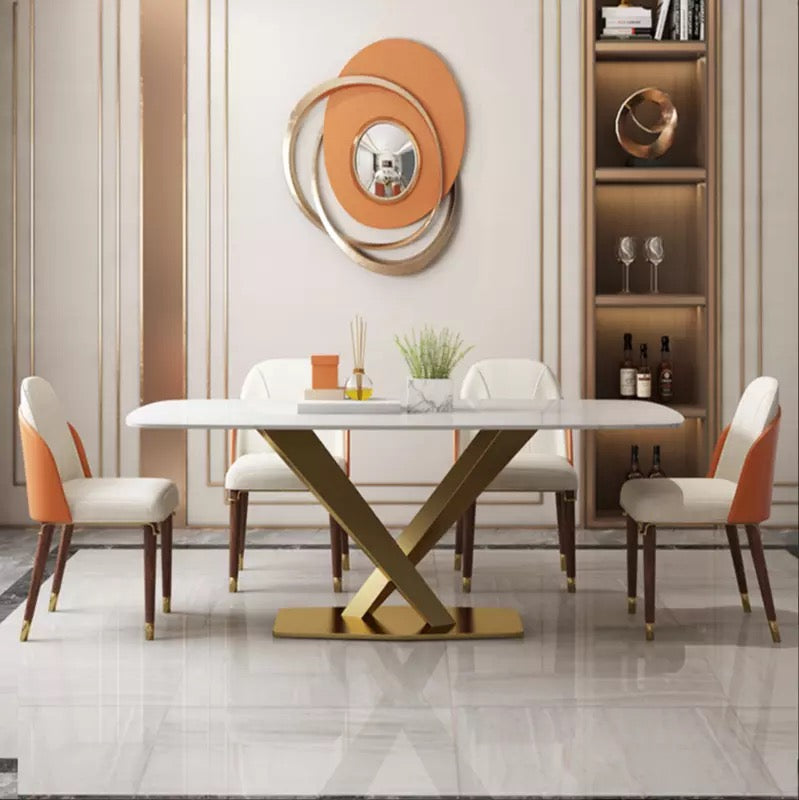 Modern Luxury Gold X Base Marble Top Dining Table