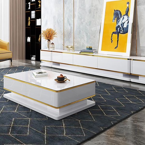 51" White Rectangular Coffee Table With Storage 4 Drawers Tempered Glass Top