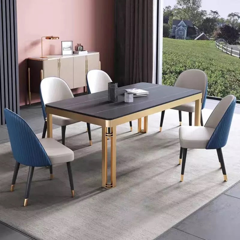 Brushed Gold Stainless Steel / Matt Black Scratch-Proof Sintered Stone Dining Table with Leather Dining Chairs