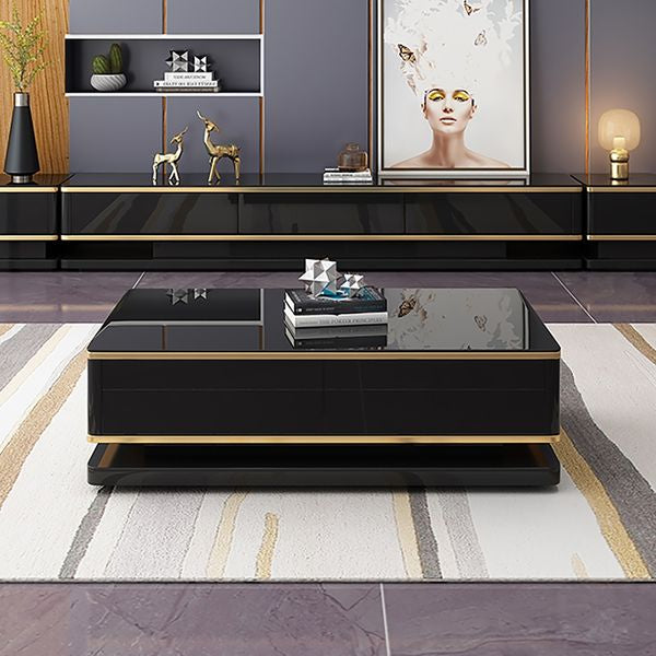 51" Black Rectangular Coffee Table With Storage 4 Drawers Tempered Glass Top