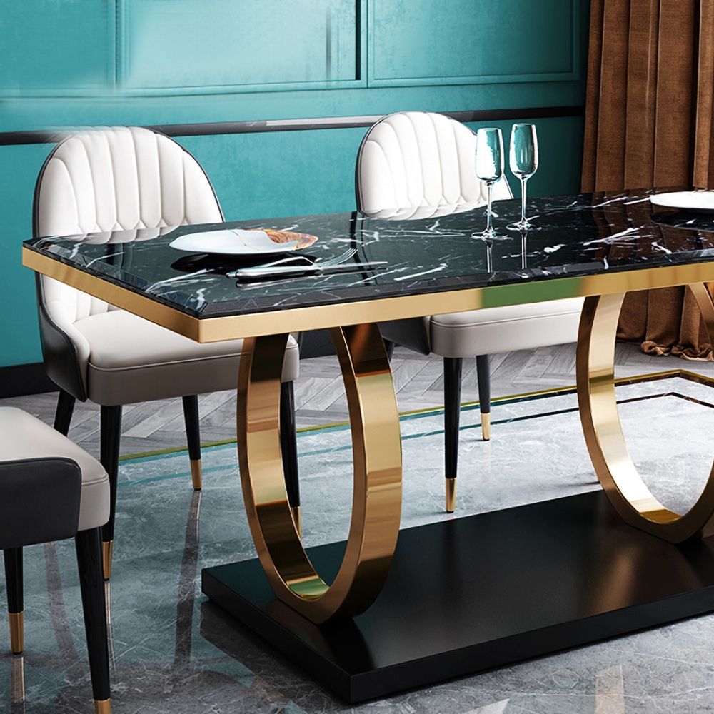 Modern Luxury Marble Dining Table with Double Circle Stainless Steel Base