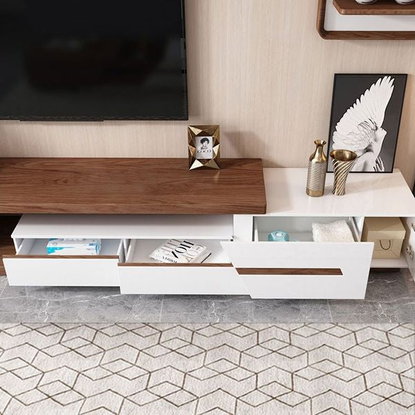 Modern Extendable TV Stand Entertainment Cabinet With Storage White&Walnut TV Stand With Bookshelf & Drawer