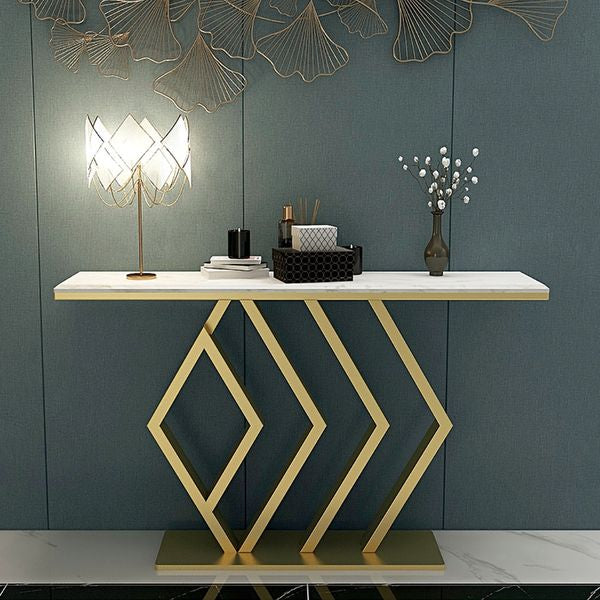 Rectangular Narrow Console Table Luxury Modern Faux Marble Accent Table In Gold