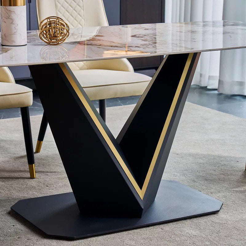 Golden Lined V Shape Base Dining Table