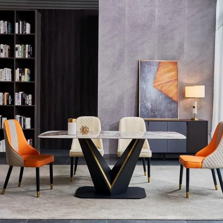 Golden Lined V Shape Base Dining Table