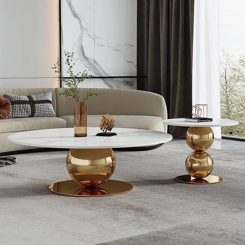 Large Sphere Base Round Coffee Table with Double Sphere Base Side Table