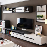 Modern Extendable TV Stand Entertainment Cabinet With Storage White&Black TV Stand With Bookshelf & Drawer