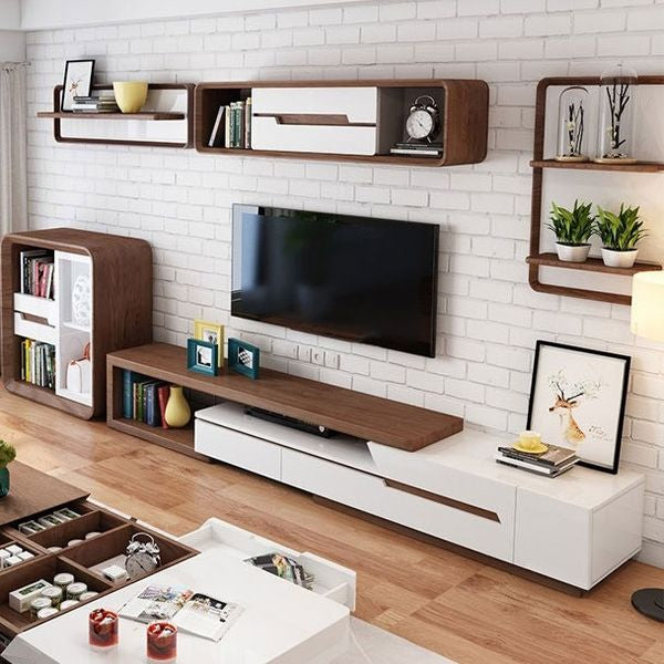 Modern Extendable TV Stand Entertainment Cabinet With Storage White&Walnut TV Stand With Bookshelf & Drawer