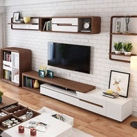 Modern Extendable TV Stand Entertainment Cabinet With Storage White&Walnut TV Stand With Bookshelf & Drawer