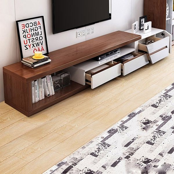 Modern Extendable TV Stand Entertainment Cabinet With Storage White&Walnut TV Stand With Bookshelf & Drawer