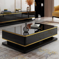 51" Black Rectangular Coffee Table With Storage 4 Drawers Tempered Glass Top
