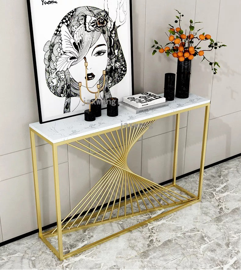 Modern Luxury Twisted Gold Base Console Table White/Black Marble Top