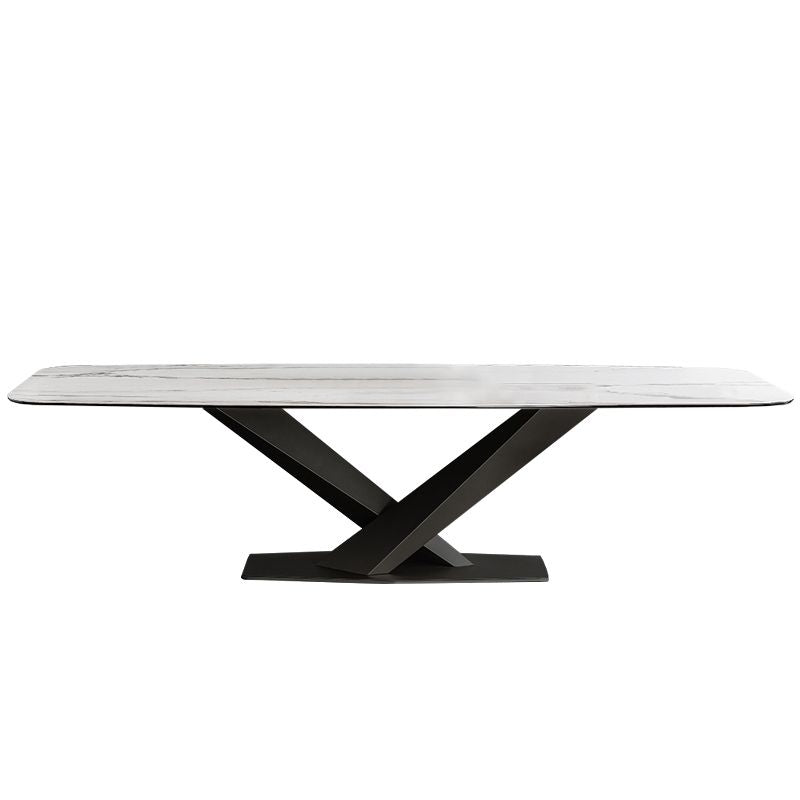 Modern Rectangular 79" Faux Marble Dining Table Black Metal X-Base White Marble Dining Table
