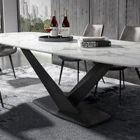 Modern Rectangular 79" Faux Marble Dining Table Black Metal X-Base White Marble Dining Table