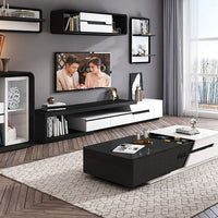Modern Extendable TV Stand Entertainment Cabinet With Storage White&Black TV Stand With Bookshelf & Drawer