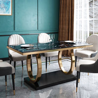 Modern Luxury Marble Dining Table with Double Circle Stainless Steel Base