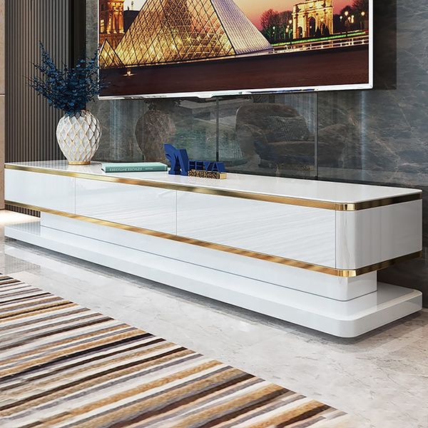 White TV Media Console With Storage 3 Drawers Tempered Glass Top For TVs Up To 78