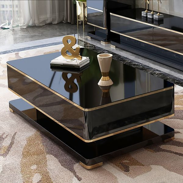 51" Black Rectangular Coffee Table With Storage 4 Drawers Tempered Glass Top