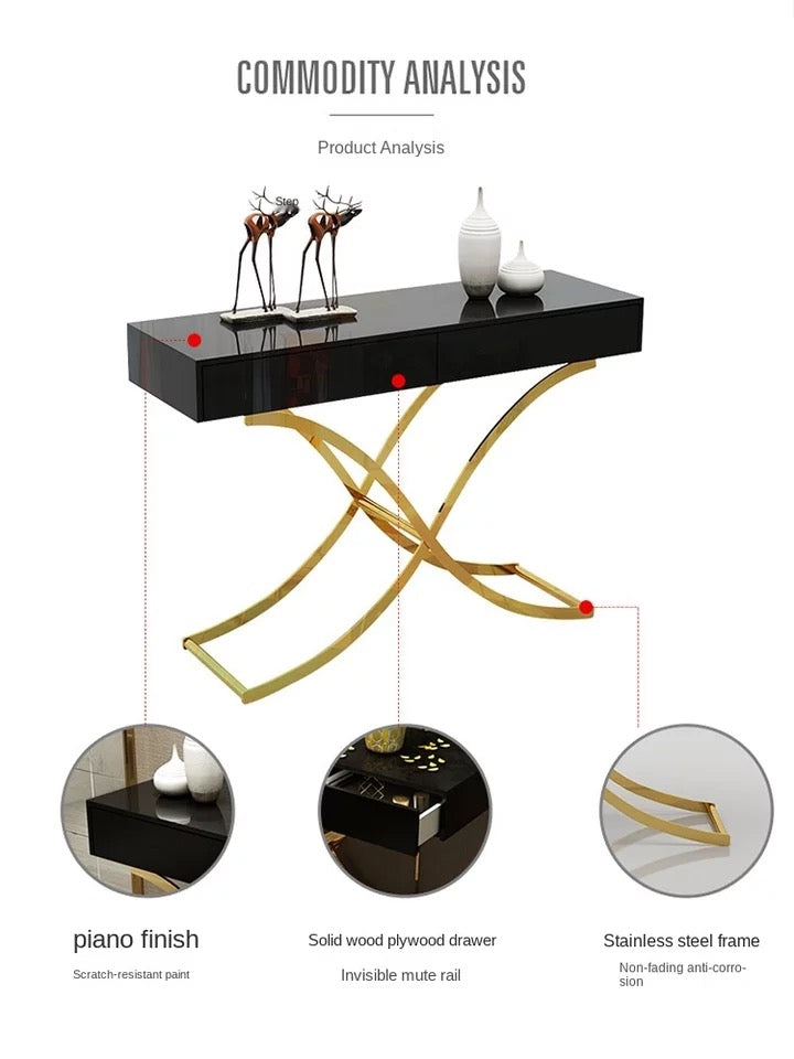 Modern High Gloss Wood Top Gold Stainless Steel Console