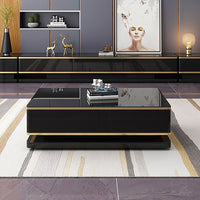 51" Black Rectangular Coffee Table With Storage 4 Drawers Tempered Glass Top