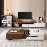 Modern Extendable TV Stand Entertainment Cabinet With Storage White&Walnut TV Stand With Bookshelf & Drawer