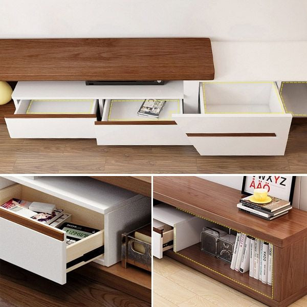 Modern Extendable TV Stand Entertainment Cabinet With Storage White&Walnut TV Stand With Bookshelf & Drawer