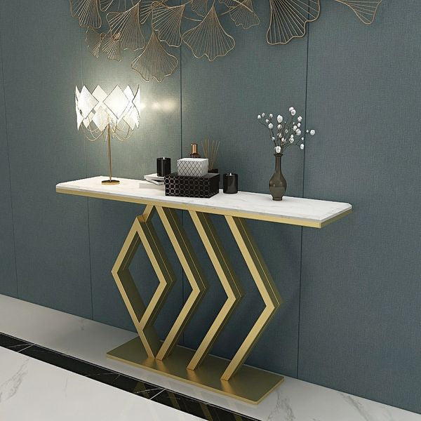 Rectangular Narrow Console Table Luxury Modern Faux Marble Accent Table In Gold