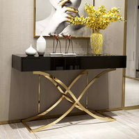 Modern High Gloss Wood Top Gold Stainless Steel Console