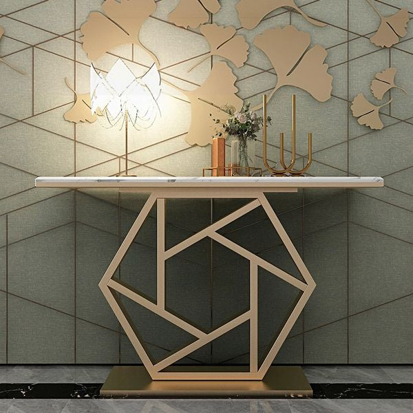 47.2" Rectangular Gold/Gray Console Table White/Black Marble Top Entryway Table