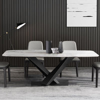 Modern Rectangular 79" Faux Marble Dining Table Black Metal X-Base White Marble Dining Table