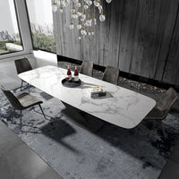 Modern Rectangular 79" Faux Marble Dining Table Black Metal X-Base White Marble Dining Table