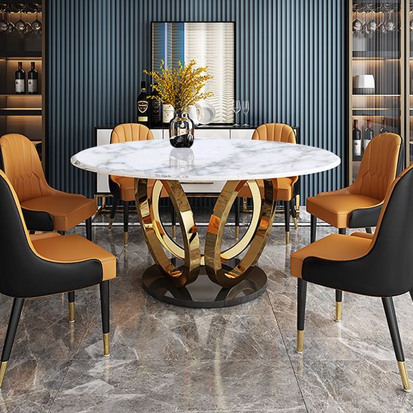 Modern Round White Dining Table With Marble Top & Stainless Steel Frame