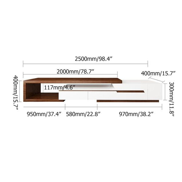 Modern Extendable TV Stand Entertainment Cabinet With Storage White&Walnut TV Stand With Bookshelf & Drawer