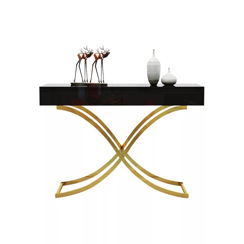 Modern High Gloss Wood Top Gold Stainless Steel Console